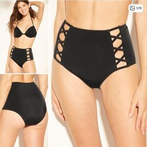 Shade & Shore Black Crisscross Cutout High Waist Swim Bottom